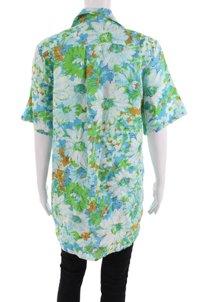 Faithfull The Brand Womens Linen Floral Print Button Down Shirt Blue Size 6
