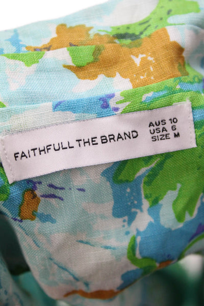Faithfull The Brand Womens Linen Floral Print Button Down Shirt Blue Size 6