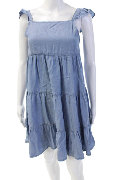 MNG Women's Square Neck Sleeveless Tiered Chambray Mini Dress Size 10