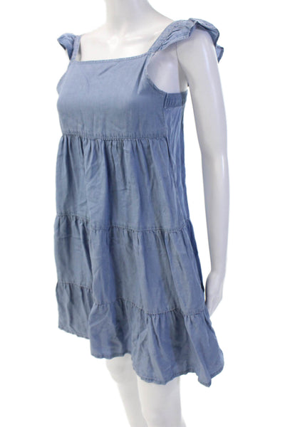 MNG Women's Square Neck Sleeveless Tiered Chambray Mini Dress Size 10