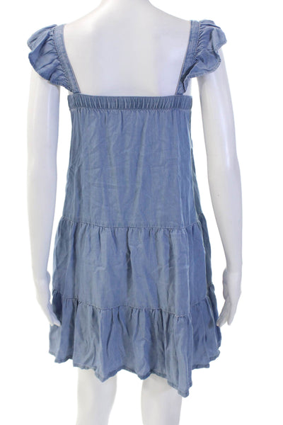 MNG Women's Square Neck Sleeveless Tiered Chambray Mini Dress Size 10