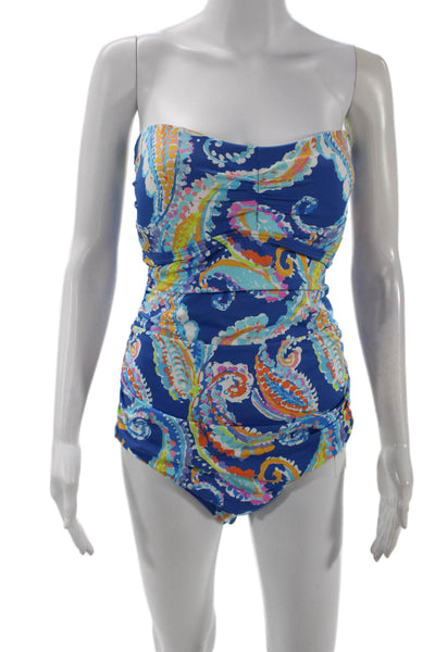 J. Mclaughlin Womens Paisley Tie Back Strapless One Piece Swim Blue Size 14