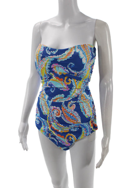 J. Mclaughlin Womens Paisley Tie Back Strapless One Piece Swim Blue Size 14