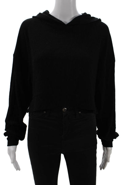 Theo & Spence Womens Long Sleeve Ribbed Hooded Crop Top Black Size M