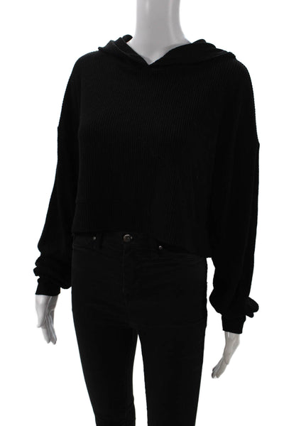 Theo & Spence Womens Long Sleeve Ribbed Hooded Crop Top Black Size M