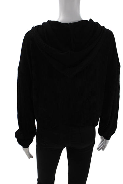 Theo & Spence Womens Long Sleeve Ribbed Hooded Crop Top Black Size M