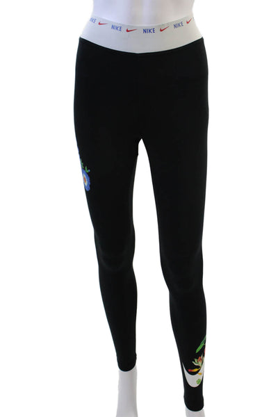 Nike Womens High Rise Logo Waistband Floral Leggings Black Multi Size XS