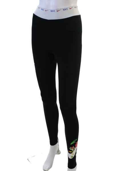 Nike Womens High Rise Logo Waistband Floral Leggings Black Multi Size XS