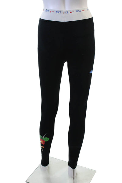 Nike Womens High Rise Logo Waistband Floral Leggings Black Multi Size XS