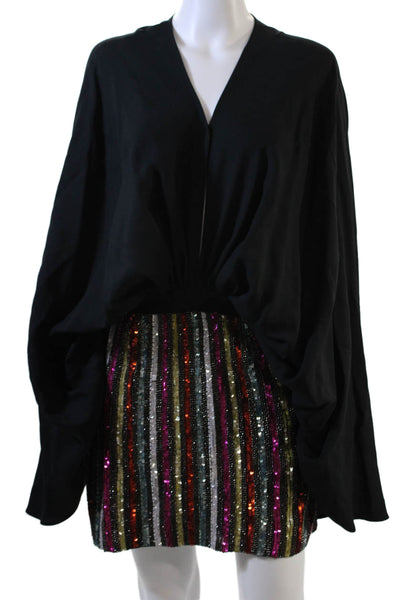 Amen Womens 3/4 Sleeve V Neck Ruched Sequin Mini Dress Black Multi Size IT 42