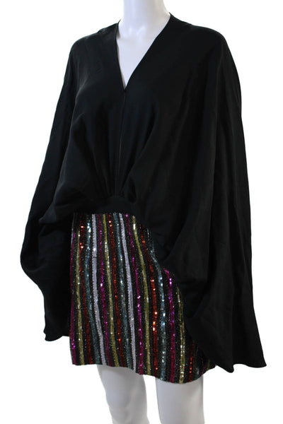 Amen Womens 3/4 Sleeve V Neck Ruched Sequin Mini Dress Black Multi Size IT 42
