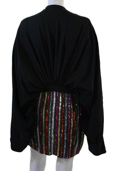 Amen Womens 3/4 Sleeve V Neck Ruched Sequin Mini Dress Black Multi Size IT 42