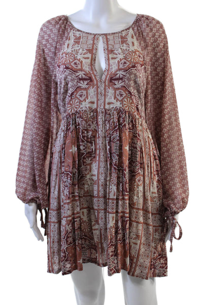 Free People Womens Long Sleeve Scoop Neck Abstract Mini Dress Pink Size 2