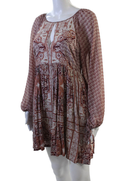 Free People Womens Long Sleeve Scoop Neck Abstract Mini Dress Pink Size 2