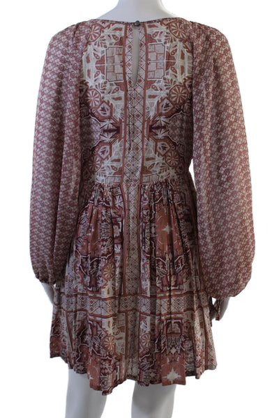 Free People Womens Long Sleeve Scoop Neck Abstract Mini Dress Pink Size 2