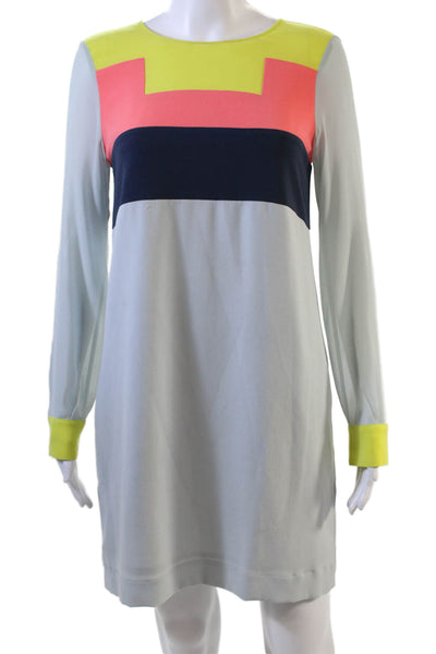 BCBGMAXAZRIA Womens Long Sleeve Round Neck Colorblock Dress Blue Yellow 2XS