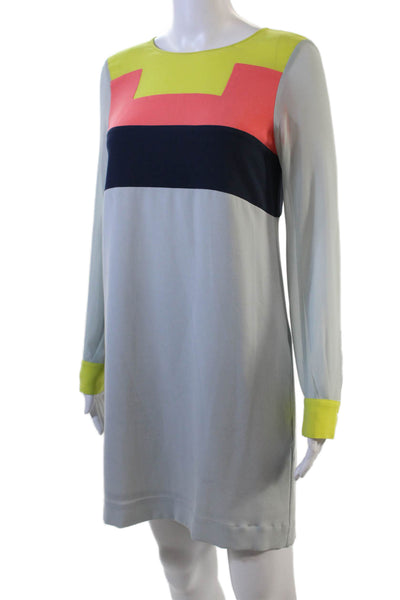 BCBGMAXAZRIA Womens Long Sleeve Round Neck Colorblock Dress Blue Yellow 2XS