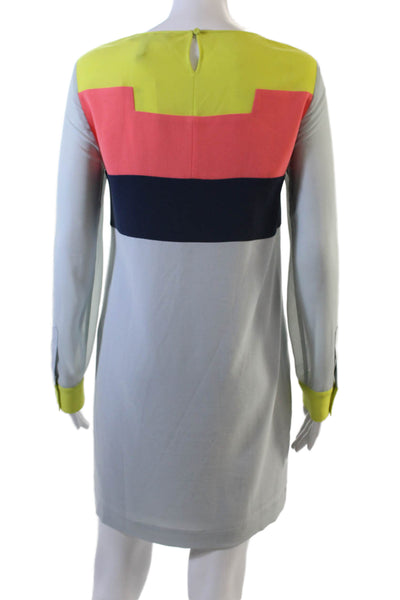 BCBGMAXAZRIA Womens Long Sleeve Round Neck Colorblock Dress Blue Yellow 2XS