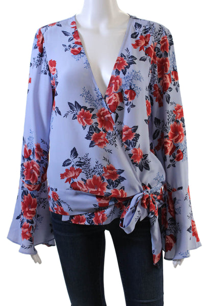 Parker Womens Floral Wrap Top Blue Size M
