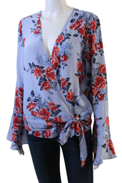 Parker Womens Floral Wrap Top Blue Size M