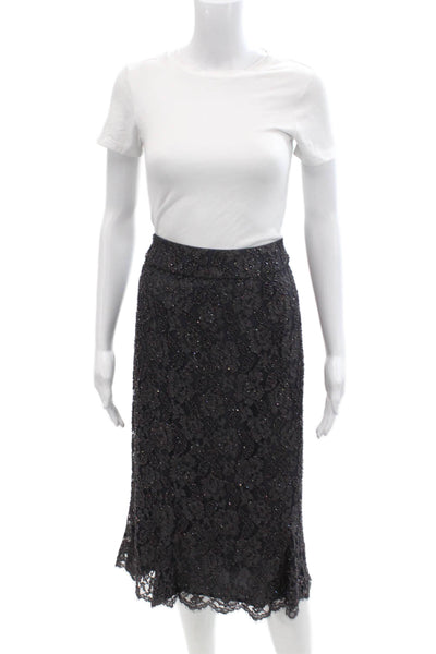 Carmen Marc Valvo Womens Textured Sequence Beaded Zip Skirt Gray Size 14