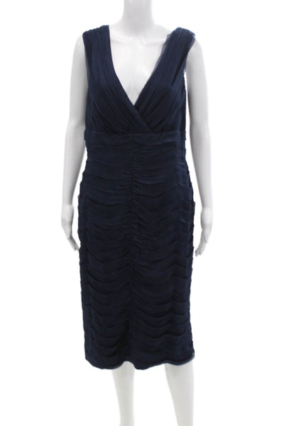 Tadashi Womens Textured V-neck Ruched Sleeveless Midi Dress Navy Size 14
