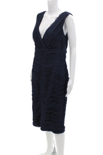 Tadashi Womens Textured V-neck Ruched Sleeveless Midi Dress Navy Size 14
