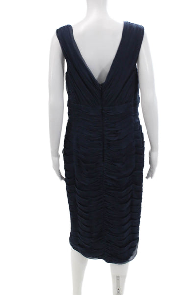 Tadashi Womens Textured V-neck Ruched Sleeveless Midi Dress Navy Size 14