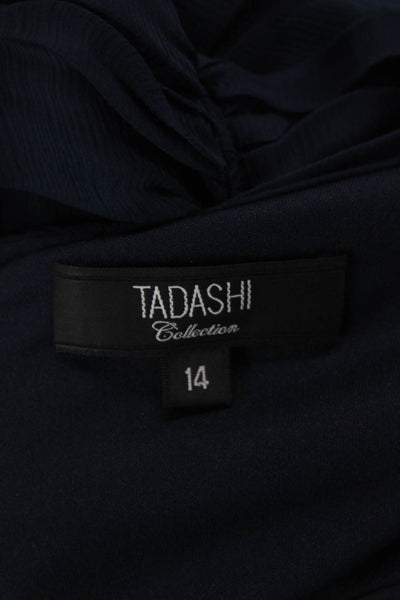 Tadashi Womens Textured V-neck Ruched Sleeveless Midi Dress Navy Size 14
