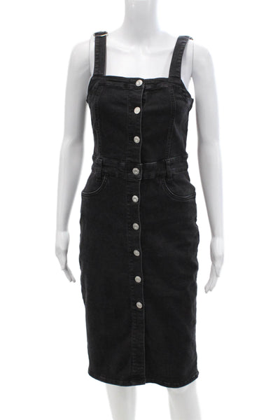 Zara Womens Cotton Full Buttoned Square Neck Denim Midi Dress Black Size M
