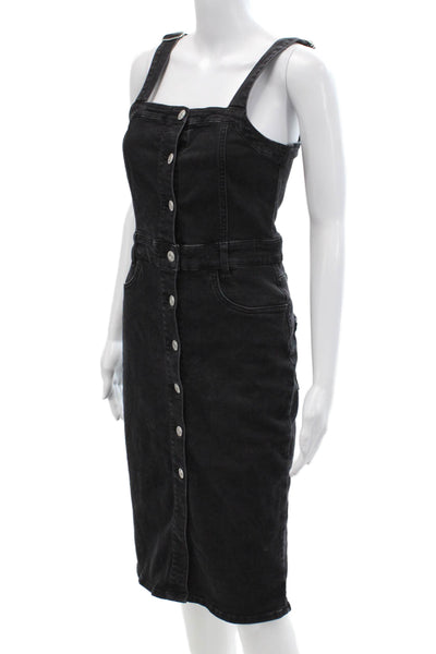 Zara Womens Cotton Full Buttoned Square Neck Denim Midi Dress Black Size M