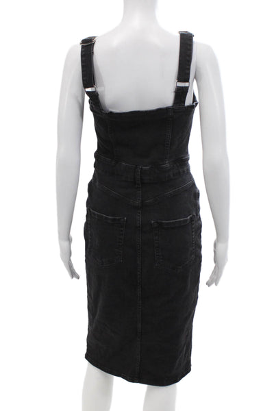 Zara Womens Cotton Full Buttoned Square Neck Denim Midi Dress Black Size M