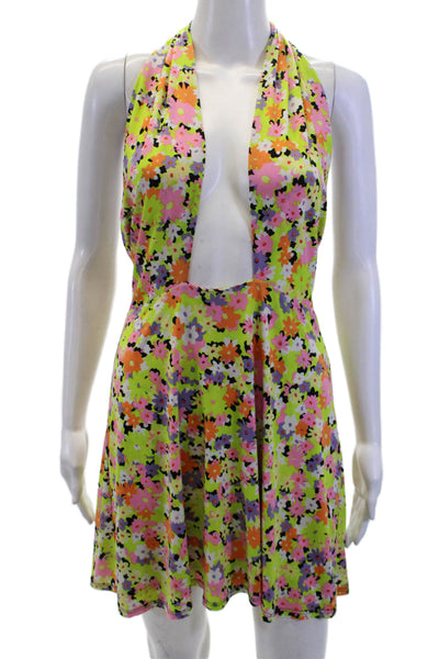 AFRM Womens Floral Halter Neck Sleeveless Mini Dress Green Multi Size M