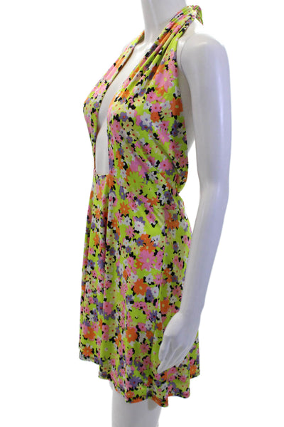 AFRM Womens Floral Halter Neck Sleeveless Mini Dress Green Multi Size M