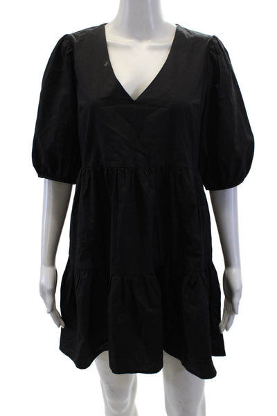 Aqua Womens Short Sleeves V Neck A Line Dress Black Cotton Size Small