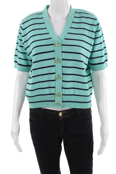 San Remo Women's V-Neck Short Sleeves Button Up Cardigan Striped Size M