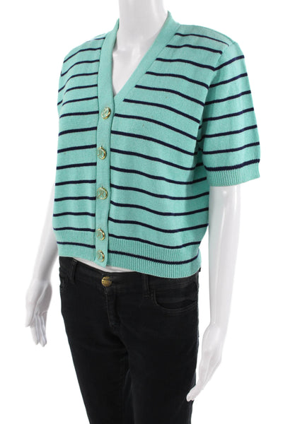 San Remo Women's V-Neck Short Sleeves Button Up Cardigan Striped Size M