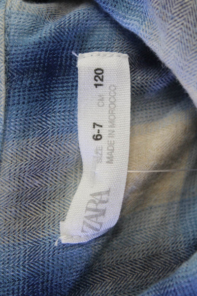 Zara Girls Cotton Long Sleeve Plaid Printed Button Top Blue Size 6-7Y