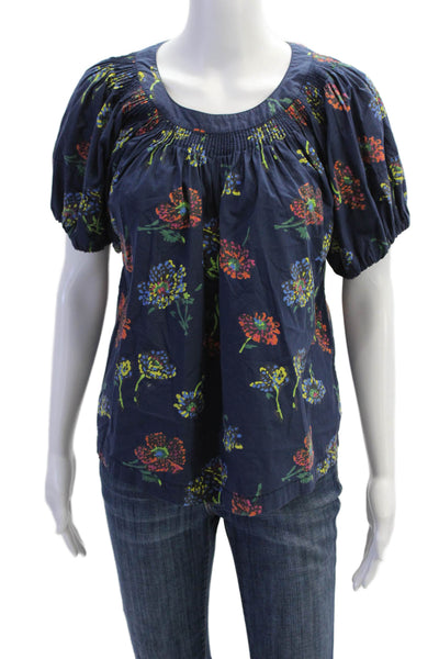 Ulla Johnson Womens Cotton Floral Short Sleeve Blouse Top Navy Size 0