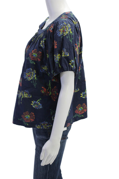 Ulla Johnson Womens Cotton Floral Short Sleeve Blouse Top Navy Size 0
