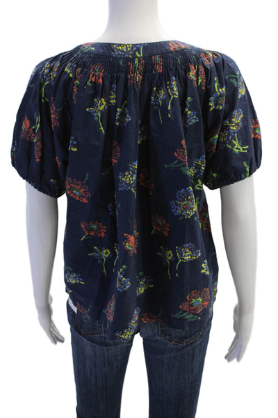 Ulla Johnson Womens Cotton Floral Short Sleeve Blouse Top Navy Size 0