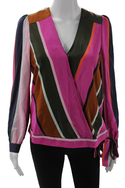 Marie Oliver Womens Wrap Front Long Sleeves Multicolor Striped Blouse Size S