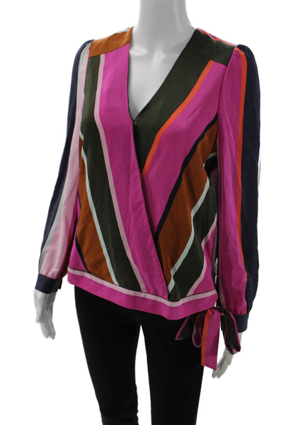 Marie Oliver Womens Wrap Front Long Sleeves Multicolor Striped Blouse Size S