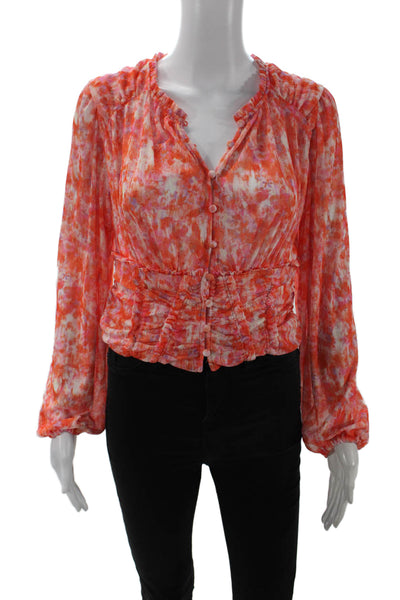 Anthropologie Women's Long Sleeves Round Neck Button Up Blouse Orange Size M