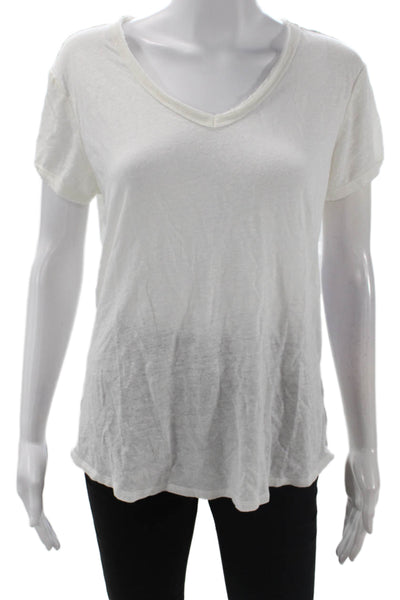 J. Mclaughlin Womens Linen Short Sleeves V Neck Tee Shirt White Size Medium
