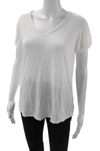 J. Mclaughlin Womens Linen Short Sleeves V Neck Tee Shirt White Size Medium