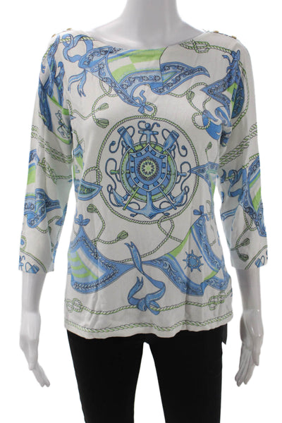 J. Mclaughlin Womens Anchor Print Sweater White Blue Cotton Size Medium