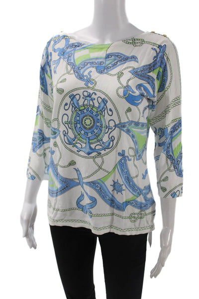 J. Mclaughlin Womens Anchor Print Sweater White Blue Cotton Size Medium