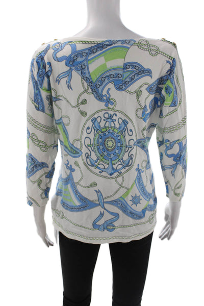 J. Mclaughlin Womens Anchor Print Sweater White Blue Cotton Size Medium
