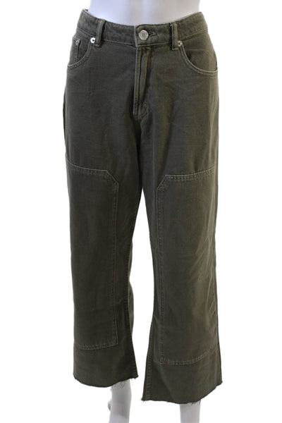 Zara Women Cargo Cropped Green Pants Mid-Rise 100% Cotton Size 30